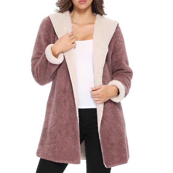 Mauve Teddy Sherpa Fleece Hood Cardigan Jacket - Picture 2 of 8